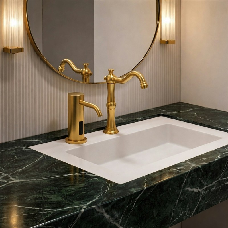 Luxury hotel bathroom in Abu Dhabi featuring Fontana Marsala gold sensor faucet and soap dispenser